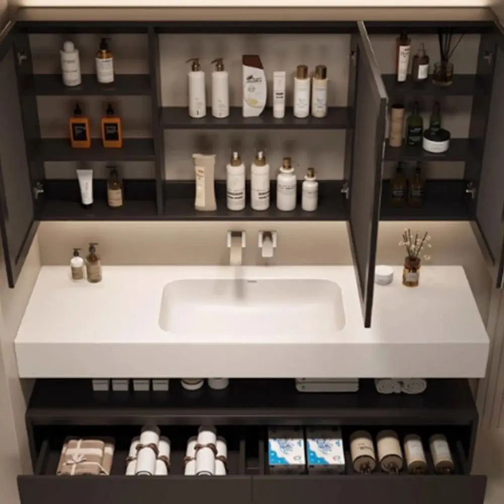 Modern Solid Wood Bathroom Vanity Cabinet Set with Wall-Mounted Table Desk Panel Mirror Sink Faucet Copper Drainer