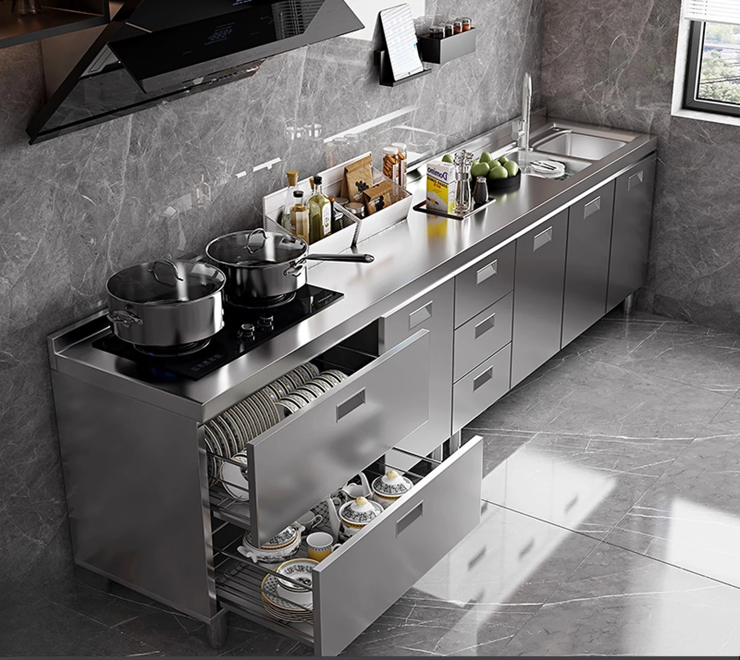 304 stainless steel kitchen cabinets integrated forming countertop thickened storage cupboard