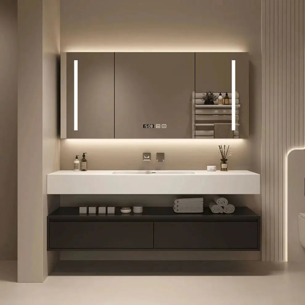 Modern Solid Wood Bathroom Vanity Cabinet Set with Wall-Mounted Table Desk Panel Mirror Sink Faucet Copper Drainer