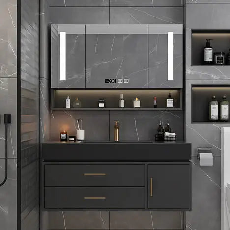 Modern Solid Wood Bathroom Vanity Cabinet Set with Wall-Mounted Table Desk Panel Mirror Sink Faucet Copper Drainer