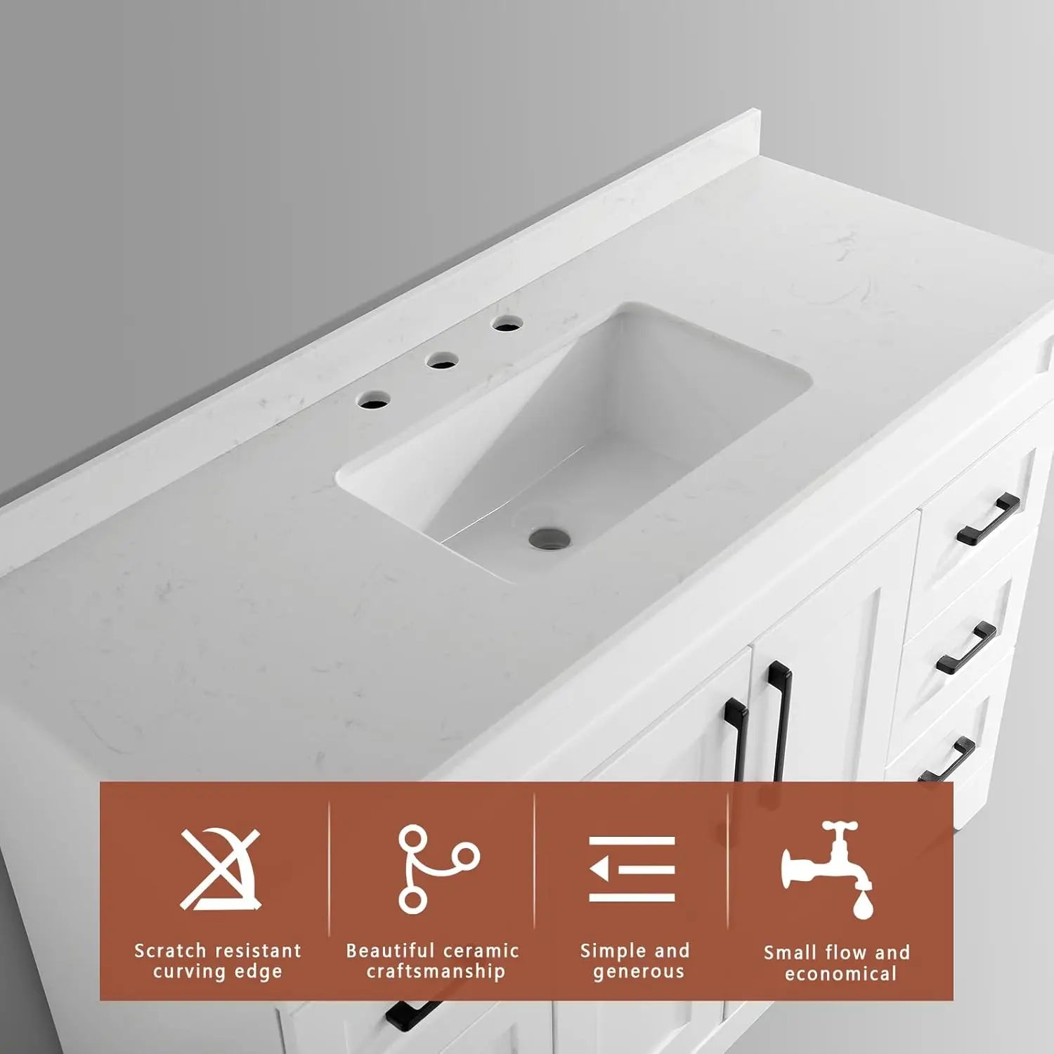 48" Bathroom Vanity White Stone Countertop Rectangle Sink Back Splash Soft Close Doors 6 Drawers No Faucet, Customized