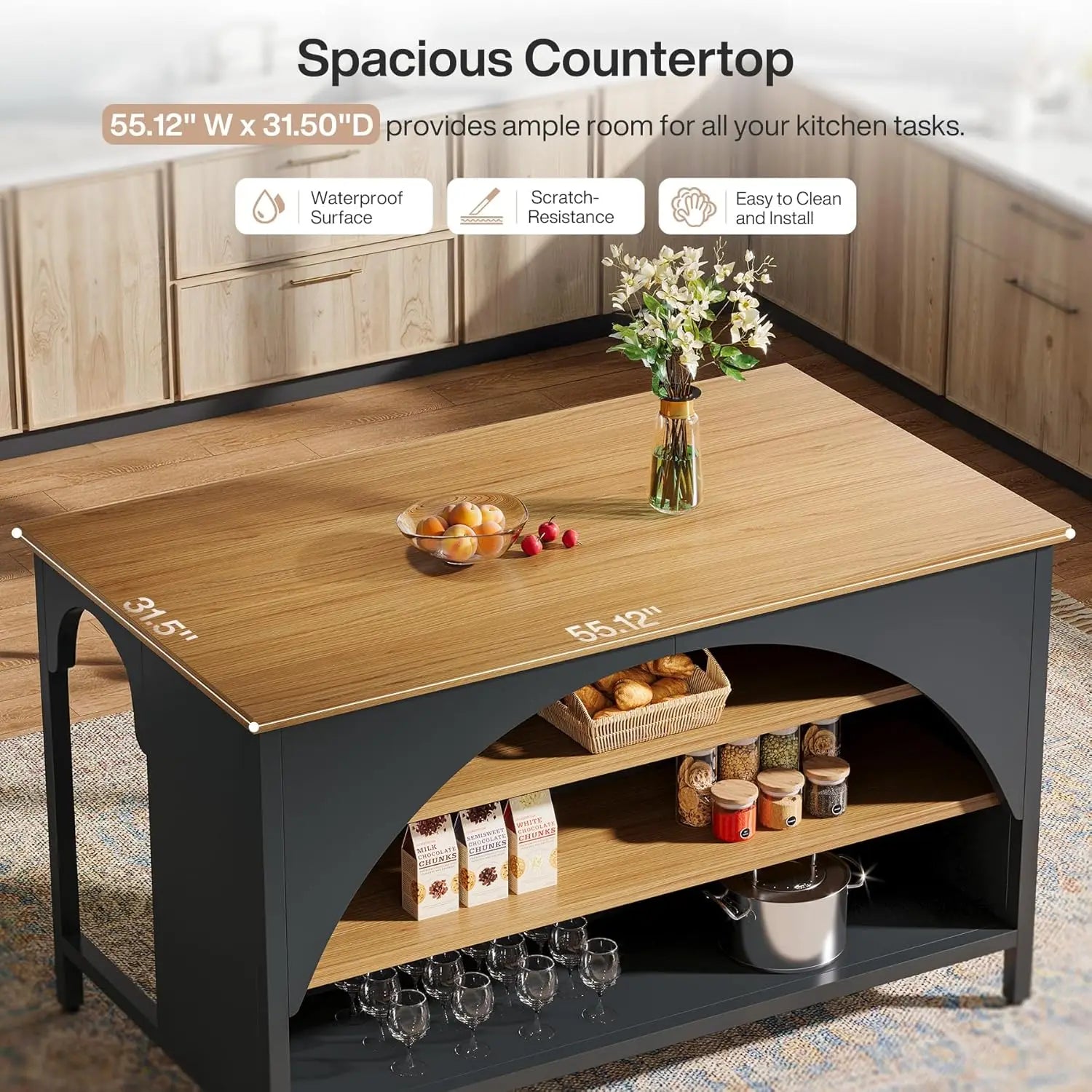 Kitchen Island 3 Storage Shelves 55in Wide Countertop Seating Area Modern Wood Coffee Bar Table Black, Customized