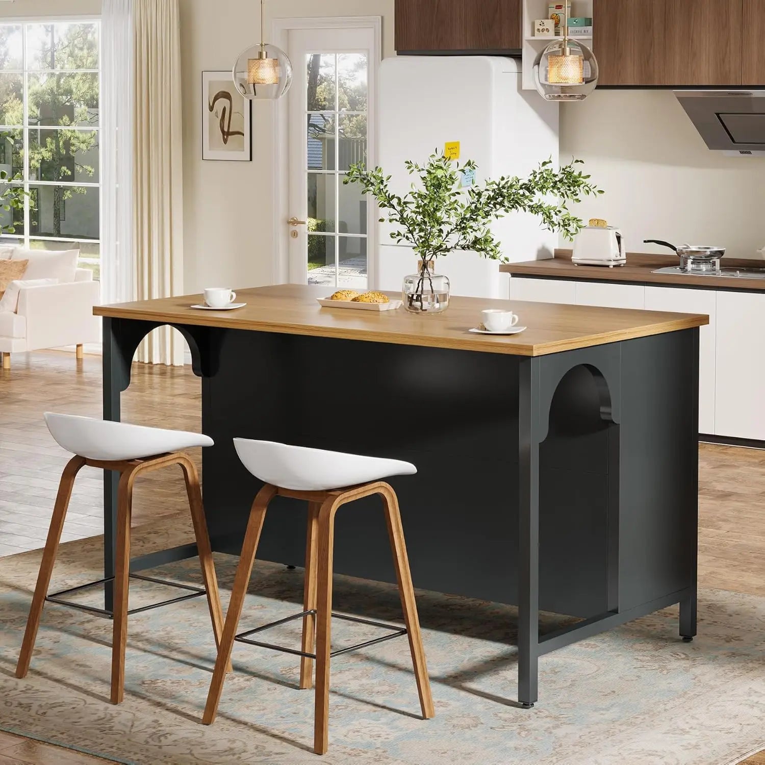 Kitchen Island 3 Storage Shelves 55in Wide Countertop Seating Area Modern Wood Coffee Bar Table Black, Customized