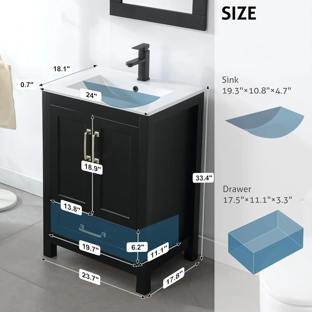 24in Black Bathroom Vanity Combo w/Undermount Sink,Matte Black Faucet,Wood Cabinet,Customized