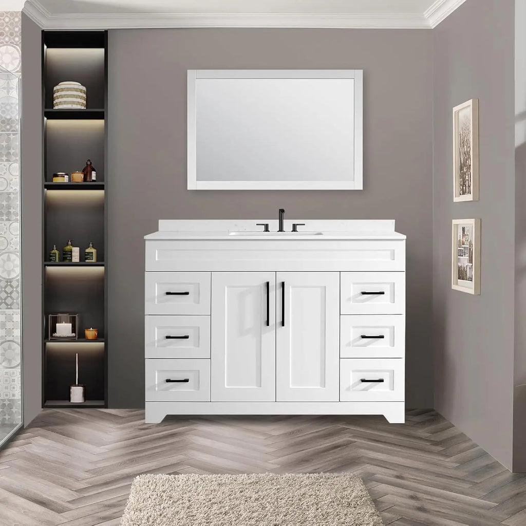 48" Bathroom Vanity White Stone Countertop Rectangle Sink Back Splash Soft Close Doors 6 Drawers No Faucet, Customized