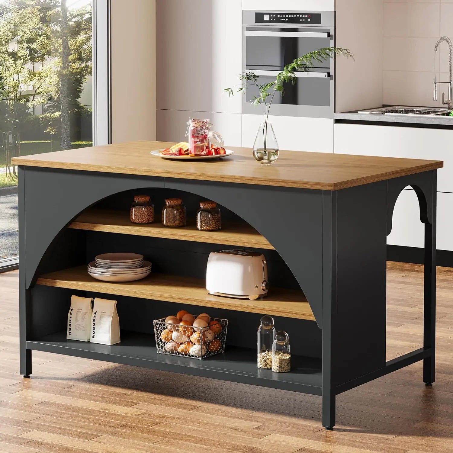 Kitchen Island 3 Storage Shelves 55in Wide Countertop Seating Area Modern Wood Coffee Bar Table Black, Customized