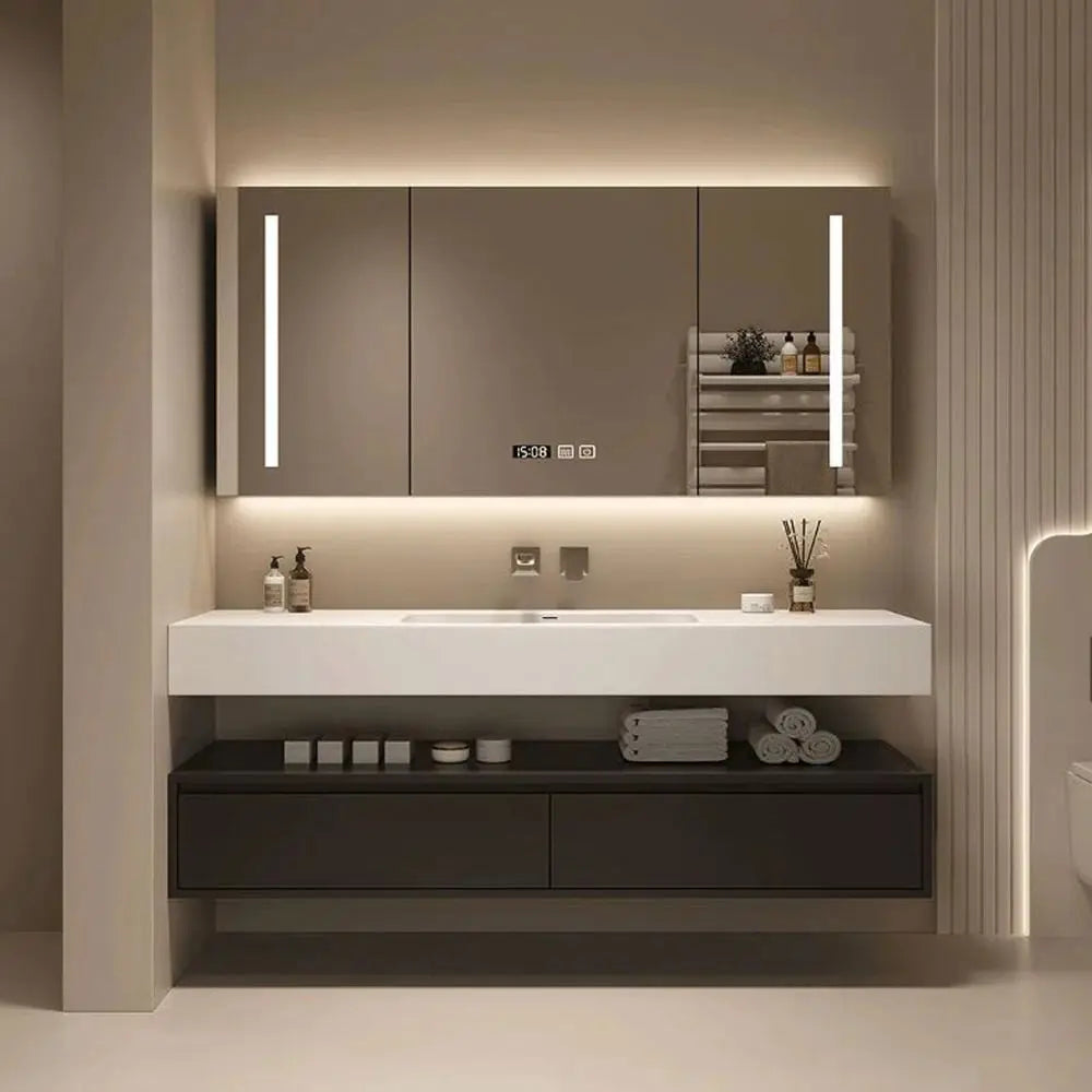 Modern Solid Wood Bathroom Vanity Cabinet Set with Wall-Mounted Table Desk Panel Mirror Sink Faucet Copper Drainer
