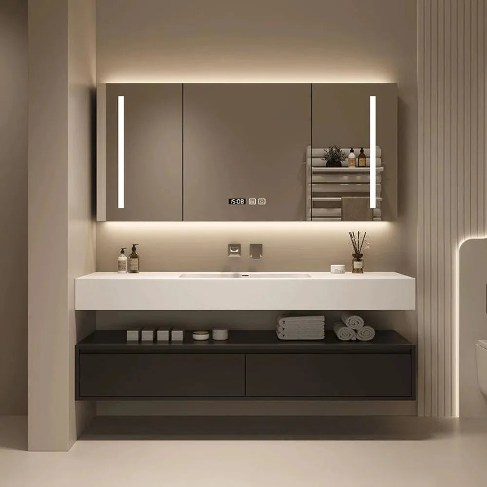 Modern Solid Wood Bathroom Vanity Cabinet Set with Wall-Mounted Table Desk Panel Mirror Sink Faucet Copper Drainer