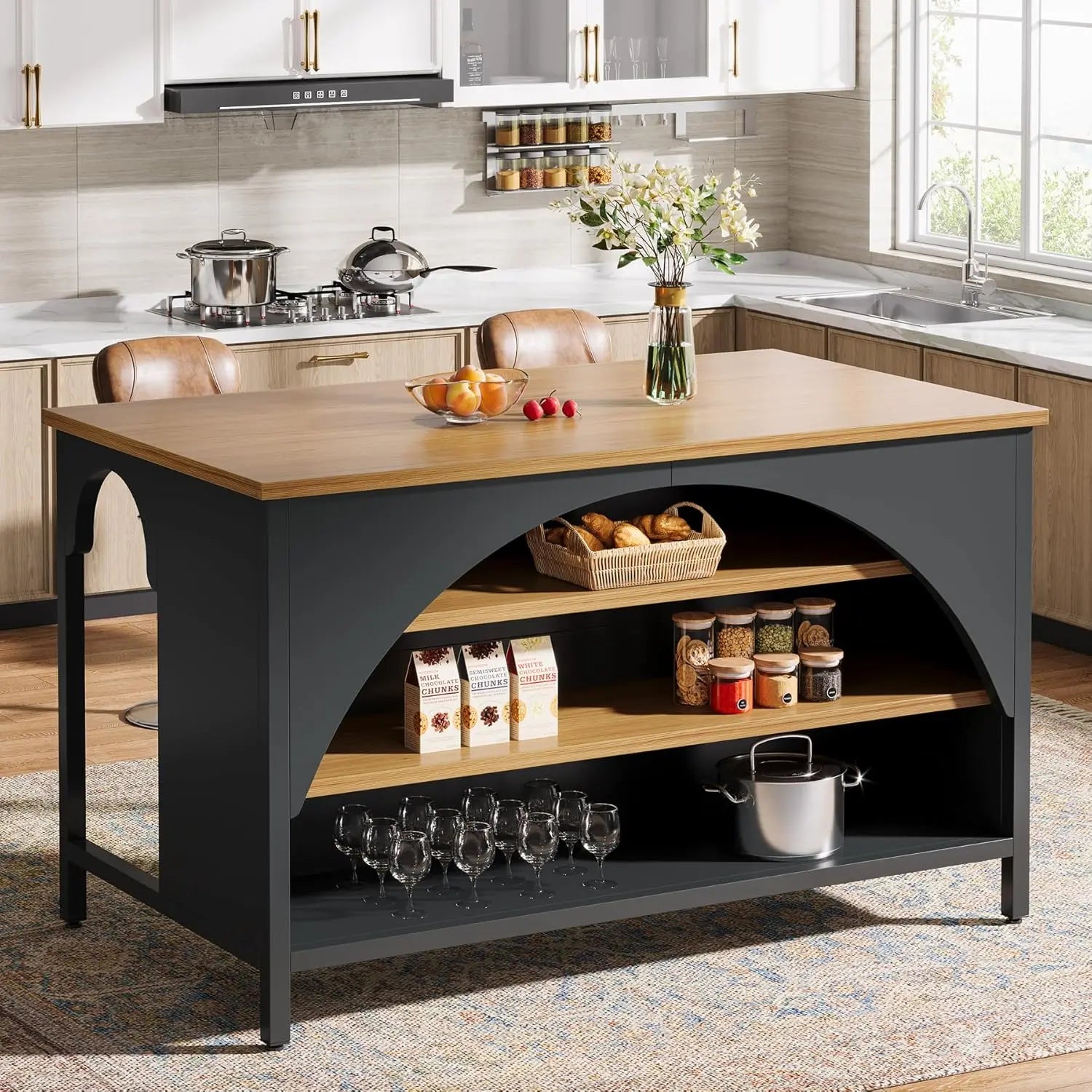 Kitchen Island 3 Storage Shelves 55in Wide Countertop Seating Area Modern Wood Coffee Bar Table Black, Customized