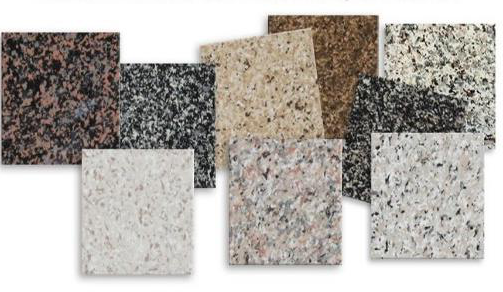 Collection of granite samples with various patterns and colors on a white background