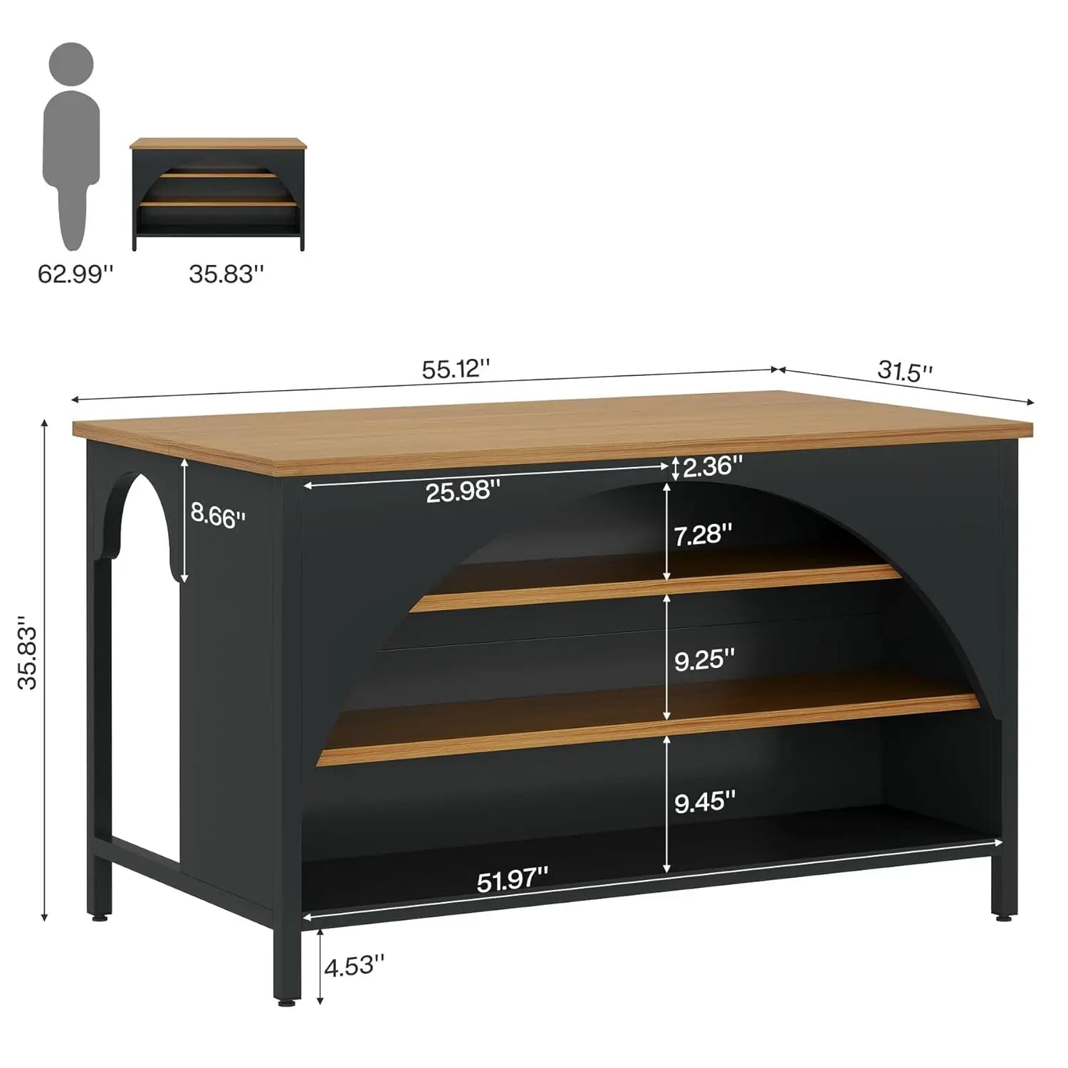 Kitchen Island 3 Storage Shelves 55in Wide Countertop Seating Area Modern Wood Coffee Bar Table Black, Customized