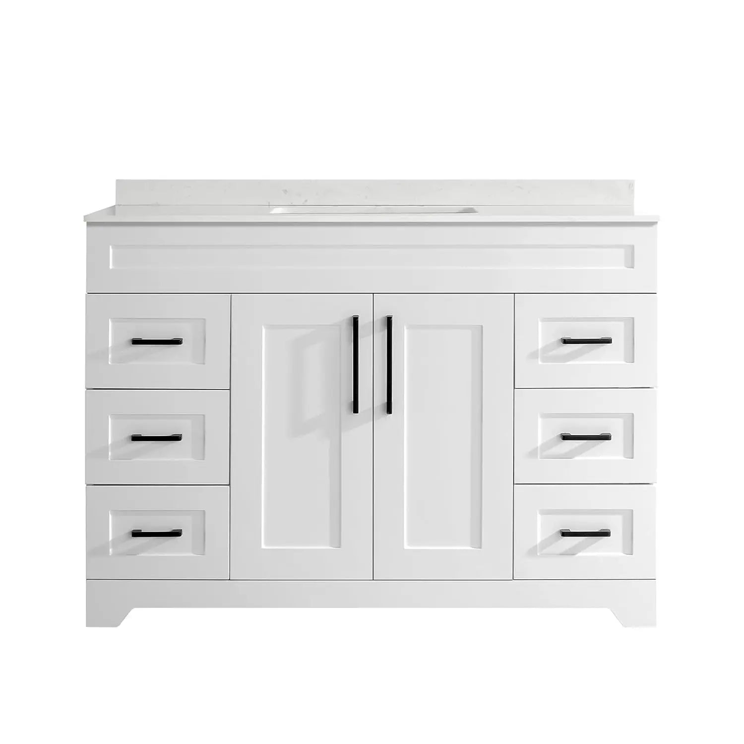 48" Bathroom Vanity White Stone Countertop Rectangle Sink Back Splash Soft Close Doors 6 Drawers No Faucet, Customized