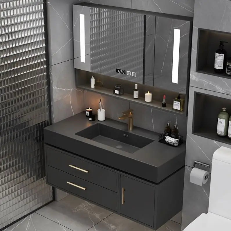 Modern Solid Wood Bathroom Vanity Cabinet Set with Wall-Mounted Table Desk Panel Mirror Sink Faucet Copper Drainer