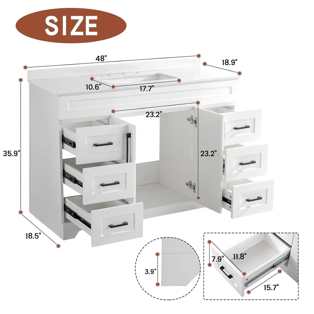 48" Bathroom Vanity White Stone Countertop Rectangle Sink Back Splash Soft Close Doors 6 Drawers No Faucet, Customized