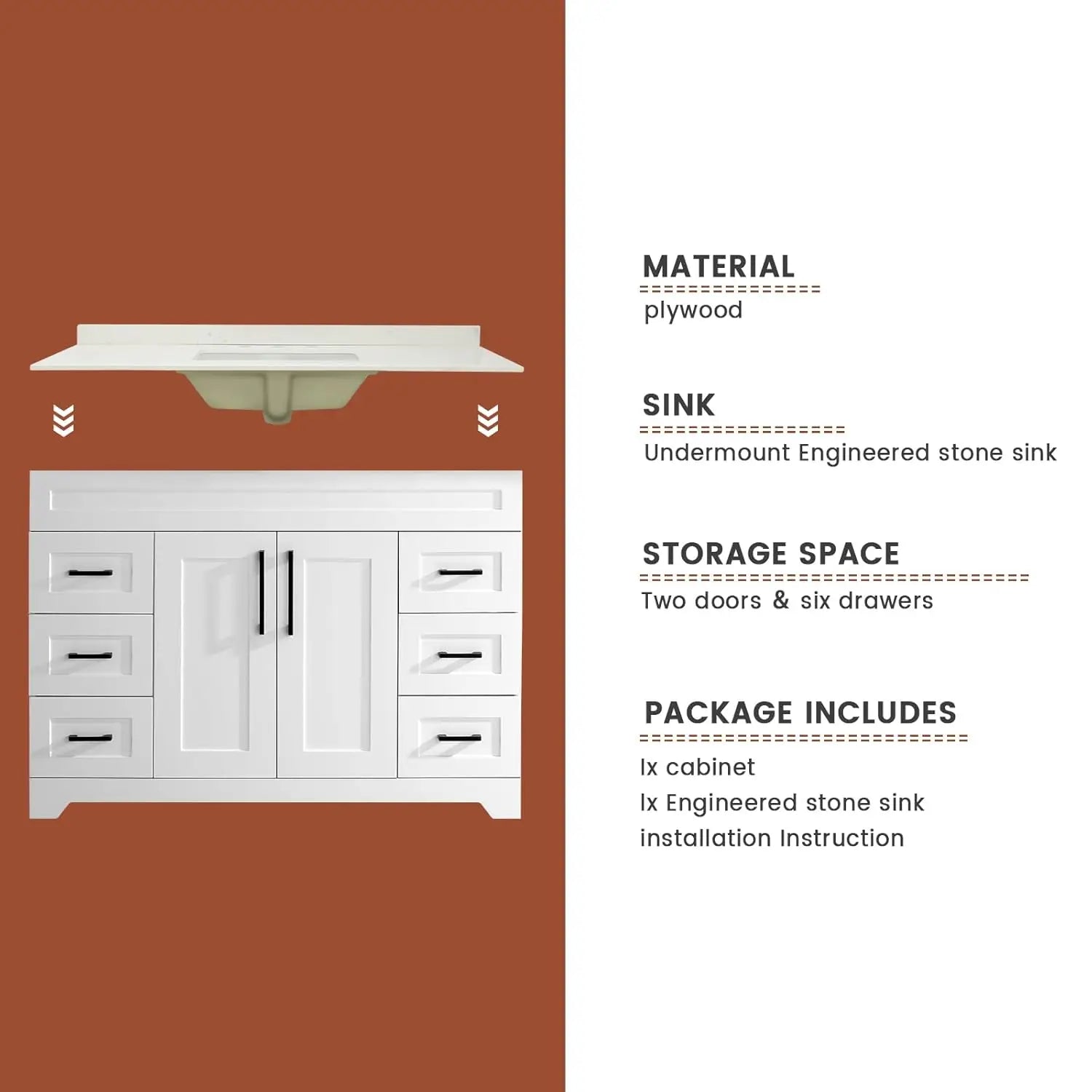 48" Bathroom Vanity White Stone Countertop Rectangle Sink Back Splash Soft Close Doors 6 Drawers No Faucet, Customized