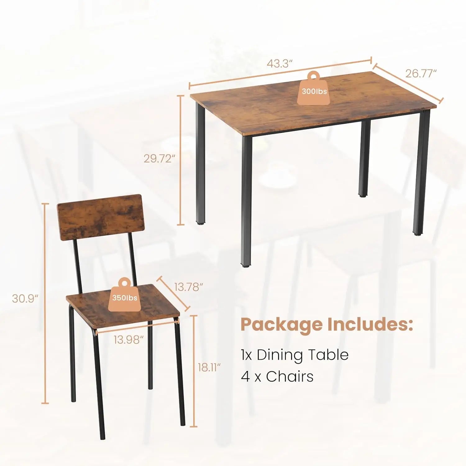 5-Piece Dining Table Set for 4, Reinforced Base Kitchen Furniture Compact for Small Space Apartment, Customized