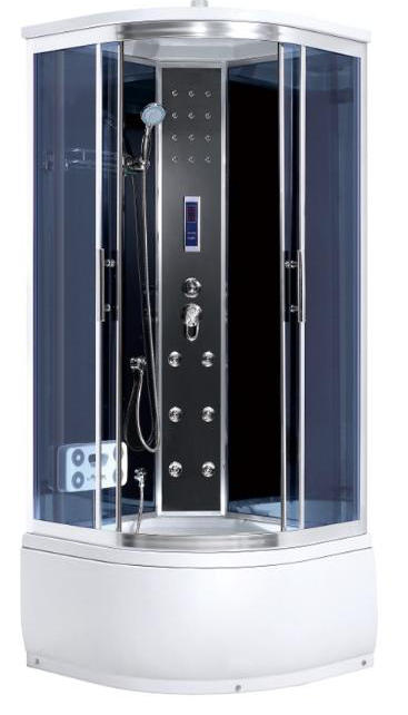 Modern steam shower cabin with glass door and control panel.