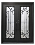 Decorative iron door with intricate patterns on a black background