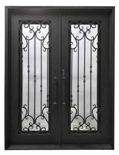 Decorative iron door with intricate patterns on a black background