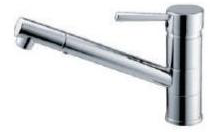 Chrome kitchen faucet with a swivel spout on a white background