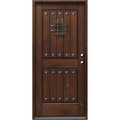 Wooden door with decorative iron grille on a white background