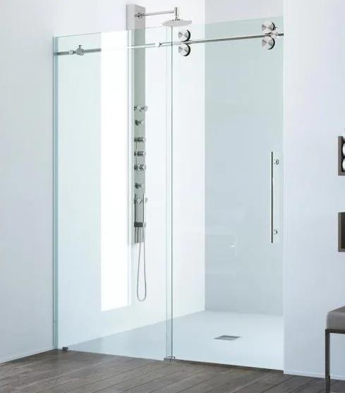 Modern shower system with glass enclosure and handheld shower head.