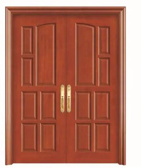 Wooden door with a gold handle on a white background