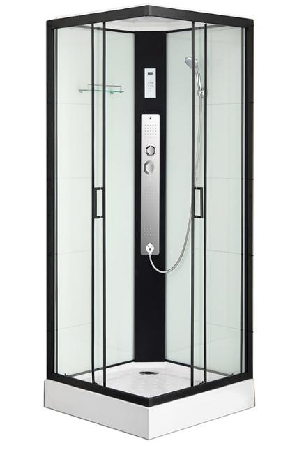 Corner shower cabin with glass walls and control panel on a white background