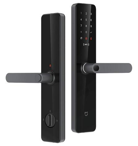 Black digital door handle with keypad on a white background