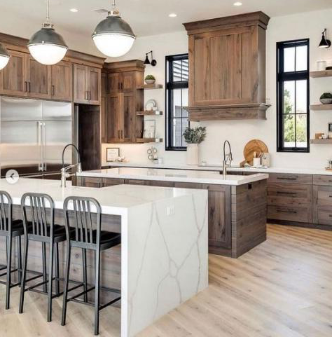 wooden cabinets and marble countertops